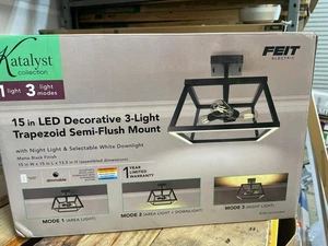 Feit Electric 15" 3-Light Trapezoid Matte Black Selectable CCT LED Semi-Flush - Picture 1 of 7