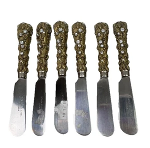 VTG Lot Of 6 Butter Knives Gold Ornate Handle Bejeweled NWOT Stainless Flatware - Picture 1 of 5