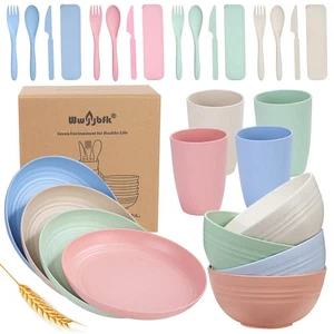 Wheat Straw Dinnerware Sets for 4, Wheat Straw Plates and Bowls Sets Kitchen ... - Picture 1 of 7