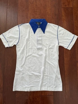 Vtg NOS 60s 70s Polo Shirt Cotton Blend Retro Big Collar Large White Blue Piping - Image 1 of 4