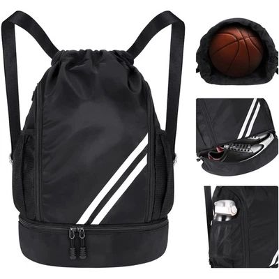 Turnbeutel Schwarz  Sport Rucksack Mehrere Fächer Kordelzug Tasche 33x16x45cm - Bild 1 von 2