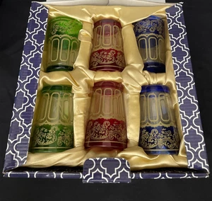 Set 6 bicchieri da succo da tè stile marocchino vintage in oro rosso verde blu - Foto 1 di 9