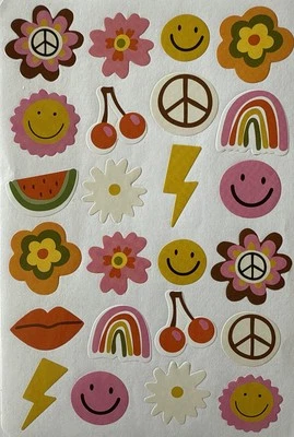 TEEN STUFF Stickers(24pc)Peace Sign•Flowers•Cherries•Smiley Faces•Card Making• - Image 1 of 4