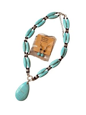 Apache Style Imitation Turquoise Pendant Necklace Matching Earrings - Image 1 of 4