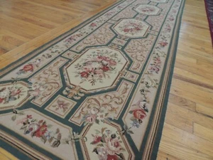 2x12  French Aubusson Needlepoint Runner  floral  Flat-weave Green Pink Beige - Picture 1 of 11