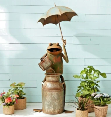 Rustic Iron Gray Green Frog Watering Can Umbrella Water Fountain 15" x 22" x 54" - Image 1 of 4