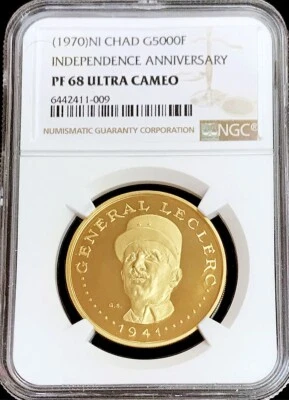 1960 (1970) ЗОЛОТОЙ ЧАД 5000 ФРАНКОВ GENERAL LECLERC NGC ДОКАЗАТЕЛЬСТВО 68 УЛЬТРА КАМЕЯ - Изображение 1 из 2