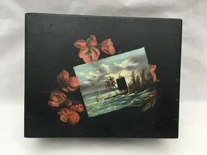 Antique Handpainted Wood Box Lighthouse? Scene Lined in Satin w CONTENTS - Picture 1 of 12