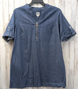 Ann Klein Denim Dress Womans Plus 1X Chambray Shift Roll Tab Sleeve Boho Casual - Picture 1 of 11