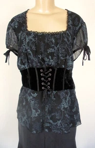 Lane Bryant 16 Negro Azul Flor Encaje Borde Terciopelo Corbata Blusa Camisa Prenda para el torso - Imagen 1 de 9