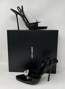 SAINT LAURENT Ayers Snakeskin Embossed Crystal Giqua 115 Sandals 37.5 Black - Picture 1 of 16
