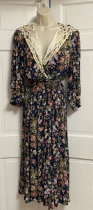 Vintage 80s Jane Singer Dress Size 10 Midi Floral Cottage Lace Collar Belted USA - Picture 1 of 10