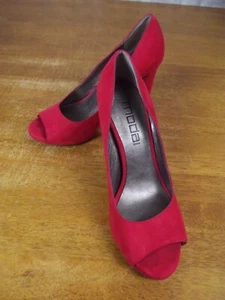 Moda Spana Womens 8 M Red Suede Leather Peep Toe Chunky High Heel Pumps Shoes - Picture 1 of 7