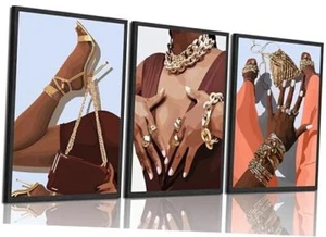 3Pcs Trendy African American Woman Canvas Wall Art Abstract 16x24in Poster - Picture 1 of 7