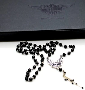 HARLEY DAVIDSON by THIERRY MARTINO BEADED  BLACK ONYX GEM  .925  SILVER NECKLACE - Picture 1 of 12