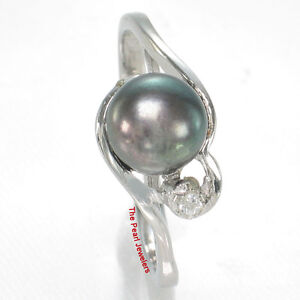Cute Solid Sterling Silver 925 Black Cultured Pearl Ring w/ Cubic Zirconia - TPJ
