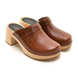 Womens Swedish Hasbeens Dagny Clogs 37 / 7 Cognac Croc Leather Heels Shoes New - Foto 1 di 7