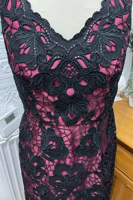 MONSOON GORGEOUS BLACK LACE  BURGUNDY UNDERLAYER DRESS 8 CHRISTMAS NEW YEAR - Image 1 of 4