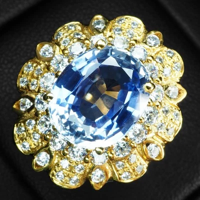 Яркие кольца-гало из золота 24 карата с синим сапфиром и васильком 6,55 карата из стерлингового серебра 925 пробы - Изображение 1 из 4