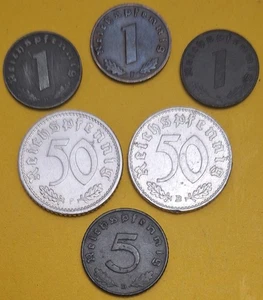 Nazi Germany 50 Pfennig 1935(F)/1943(B) 5 Pfennig 1940(D) 1 Pfennig 1937/40/42 - Picture 1 of 7