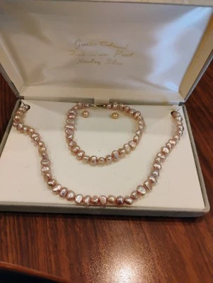 Genuino conjunto de pendientes de collar de perlas de agua dulce broches de plata de ley Foto 1 de 3