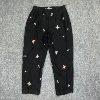 Talbots Pants Womens Size 10 Black Irish Linen Embroidery Artsy Whimsy Garden - Image 1 of 4