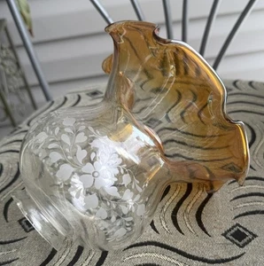 Vintage Pendant Lamp Ceiling Light Shade Victorian Etched Glass Ruffle Amber - Picture 1 of 7