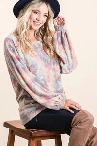 BiBi Brushed Tie Dye Print Top with Puff Sleeves - Picture 1 of 13