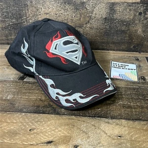 Superman Six Flags Baseball Cap Embroidered Adjustable Hat Black Red Flames - Picture 1 of 5