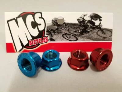 MCS BMX STEEL ED PLATED 3/8" x 26 tpi AXLE NUTS PAIR BLUE
