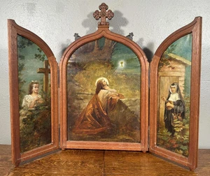 Triptych Oil on Canvas Paintings in a Gothic Frame-Scenes with Jesus Christ - Picture 1 of 16