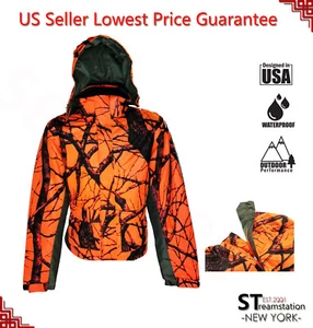 Orange Camo Men's Hunting Jacket Winter Blazer Lined Hiking Coat Hood Removable - Picture 1 of 5