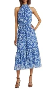Vestido Chelsea28 Midi Talla XL Azul Floral Halter Espalda Abierta y Dobladillo con Volantes Nuevo sin Etiquetas - Imagen 1 de 11