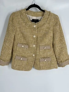TALBOTS women yellow metallic jacket/blazer sz 6P tweed lined fringe career Y2K - Picture 1 of 12