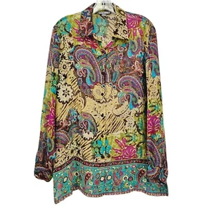 GO SILK Top L Silk Multi Color Paisley Button Sheer Long Sleeve Office Preppy   - Picture 1 of 7