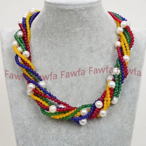 8 Rows 4mm Multicolor Jade Gems White Freshwater Pearl Beaded Jewelry Necklace - Picture 1 of 4