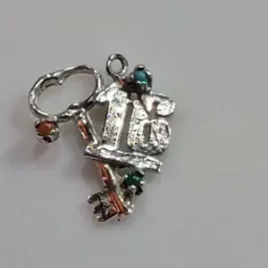 Vintage Sterling Silver Charm 16 Sixteen & key w/ gems stones #6F - Picture 1 of 5