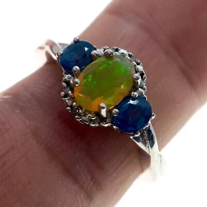 Anello HALO 3 pietre argento sterling opale naturale zaffiro blu e diamante misura 7 - Foto 1 di 4