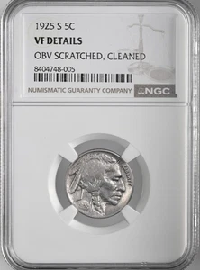 1925-S  5C BUFFALO NICKEL  NGC VF DETAILS "OBV SCRATCHED / CLEANED" #8404748-005 - Picture 1 of 4