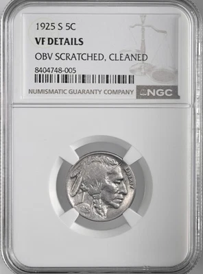1925-S  5C BUFFALO NICKEL  NGC VF DETAILS "OBV SCRATCHED / CLEANED" #8404748-005 - Image 1 of 4