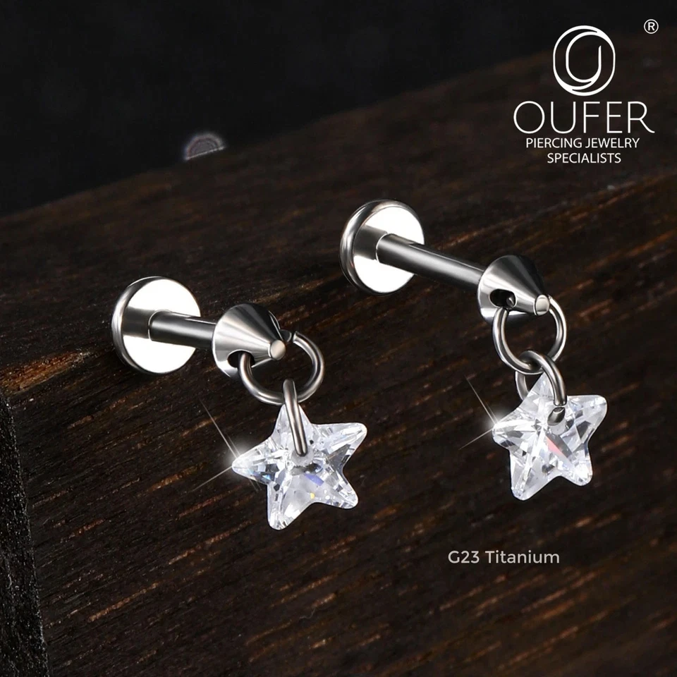 Lip Stud G23 Titanium Star CZ 16G Lobe Helix Cartilage Tragus Snug Piercing - Image 1 of 4