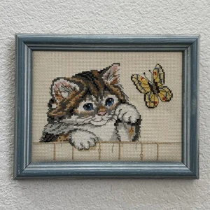 Vintage Kitty Cat Calico Butterfly Kitten Framed Cross Stitch Needlepoint 9”X7” - Picture 1 of 12