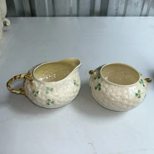Vintage BELLEEK Shamrock Basket Weave Sugar and Creamer Set, 6th Mark EXCELLENT - Picture 1 of 13