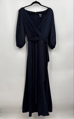 NWT DKNY Women's Blue Balloon Sleeve V-Neck Back-Zip Wrap Dress Size 8 - Image 1 of 4