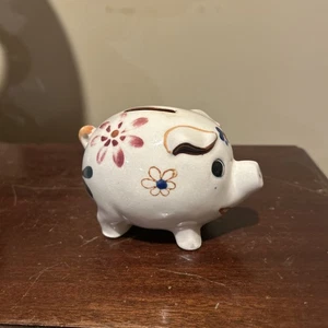 Vintage Chubby Pig Piggy Bank Hand Painted Flowers Occupied Japan - Picture 1 of 8