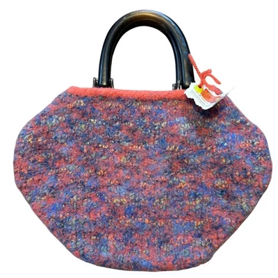 Bolso de Mano de Lana Fieltro a Mano De Colección Nuevo con Etiquetas con Asas de Madera Arqueadas Negras Años 90 Bolso Artesanal Foto 1 de 4