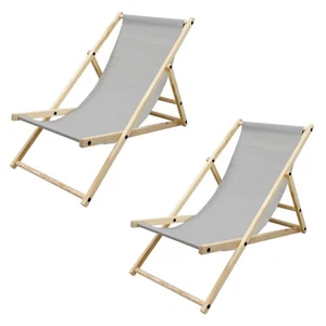 2er Set Liegestuhl Strandliege Sonnenliege Gartenliege Klappstuhl Holz Hellgrau - Bild 1 von 8