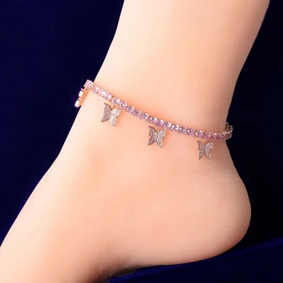 Pulseras tobilleras de 4 mm con cadena de tenis rosa mariposa simulada diamante para damas Foto 1 de 2