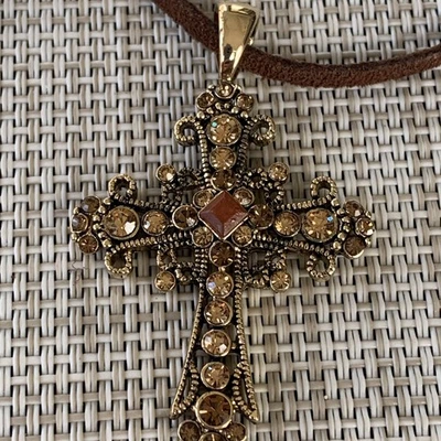 Lia Sophia Tranquility Rhinestone Cross Necklace Brown Cord Good Tone  15-18” - Image 1 of 4