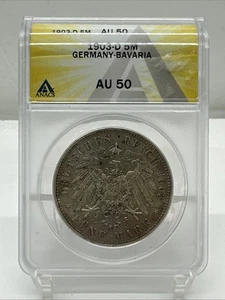 1903 D Alemania Estados Alemanes Baviera 5 marcos plata Au50 ANACS CB9-117 - Imagen 1 de 4